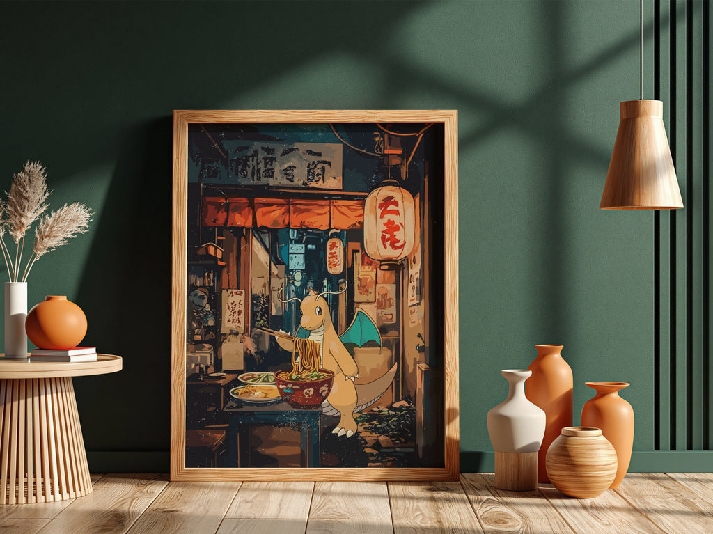 Framed Dragonite Ramen poster with warm earth tones, anime style, Dragonite eating ramen in cozy street scene