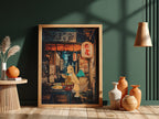 Framed Dragonite Ramen poster with warm earth tones, anime style, Dragonite eating ramen in cozy street scene