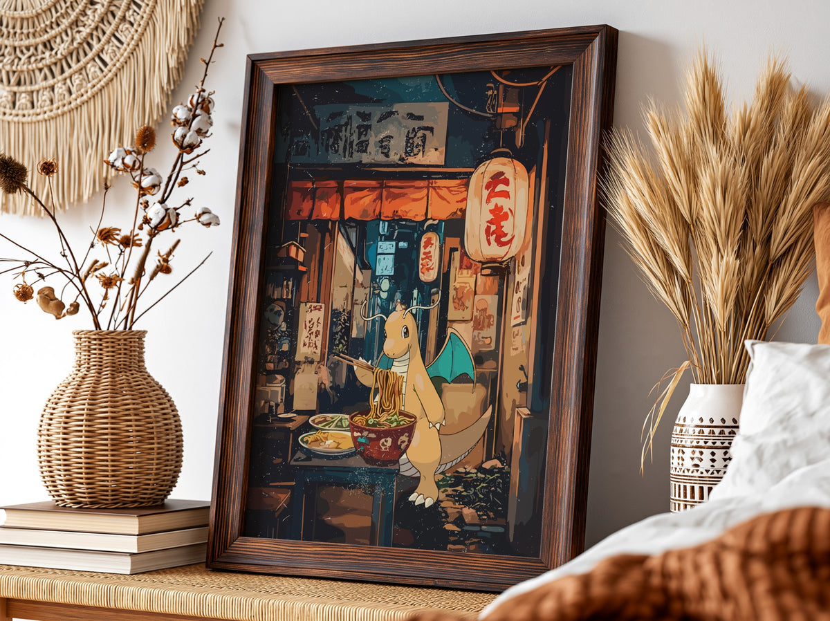Framed Dragonite Ramen poster with warm earth tones, anime style, Dragonite eating ramen in cozy street scene