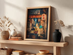 Framed Dragonite Ramen poster with warm earth tones, anime style, Dragonite eating ramen in cozy street scene