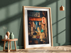 Framed Dragonite Ramen poster with warm earth tones, anime style, Dragonite eating ramen in cozy street scene