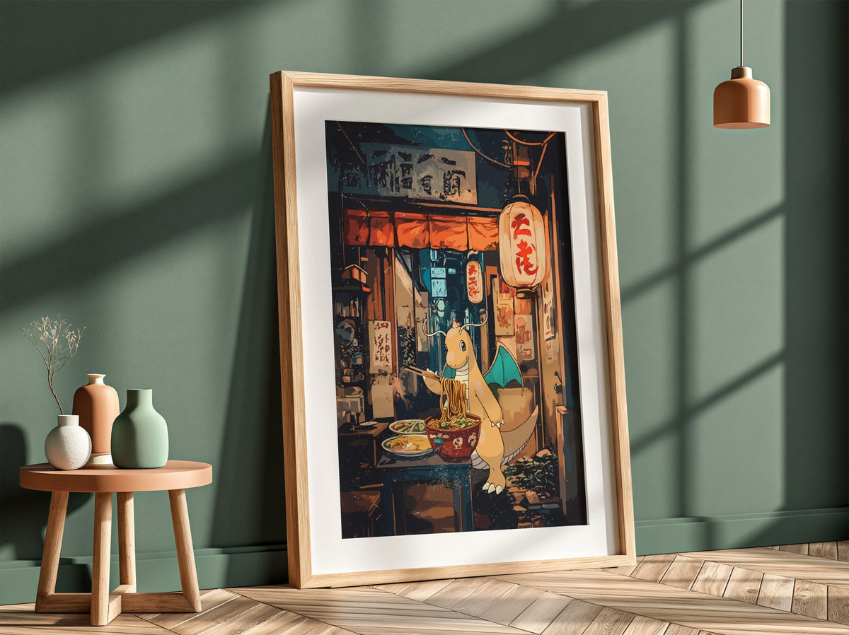 Framed Dragonite Ramen poster with warm earth tones, anime style, Dragonite eating ramen in cozy street scene