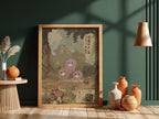 Dugtrio poster with vintage Japanese style earth tones mushrooms and forest background