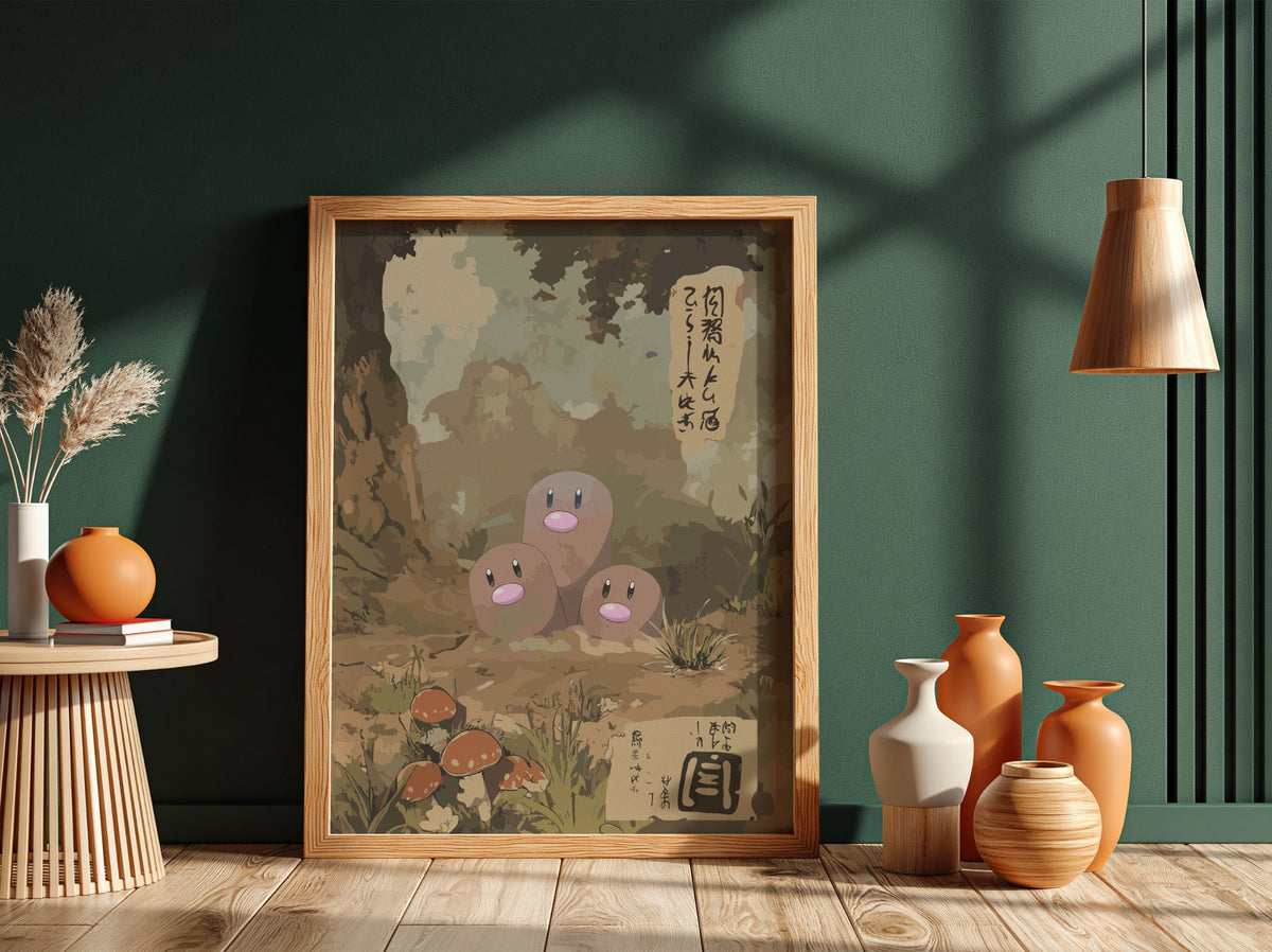 Dugtrio poster with vintage Japanese style earth tones mushrooms and forest background