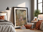 Dugtrio poster with vintage Japanese style earth tones mushrooms and forest background