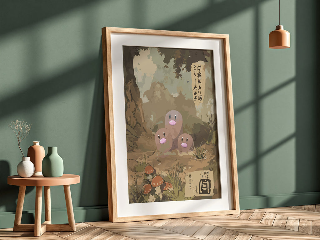 Dugtrio poster with vintage Japanese style earth tones mushrooms and forest background