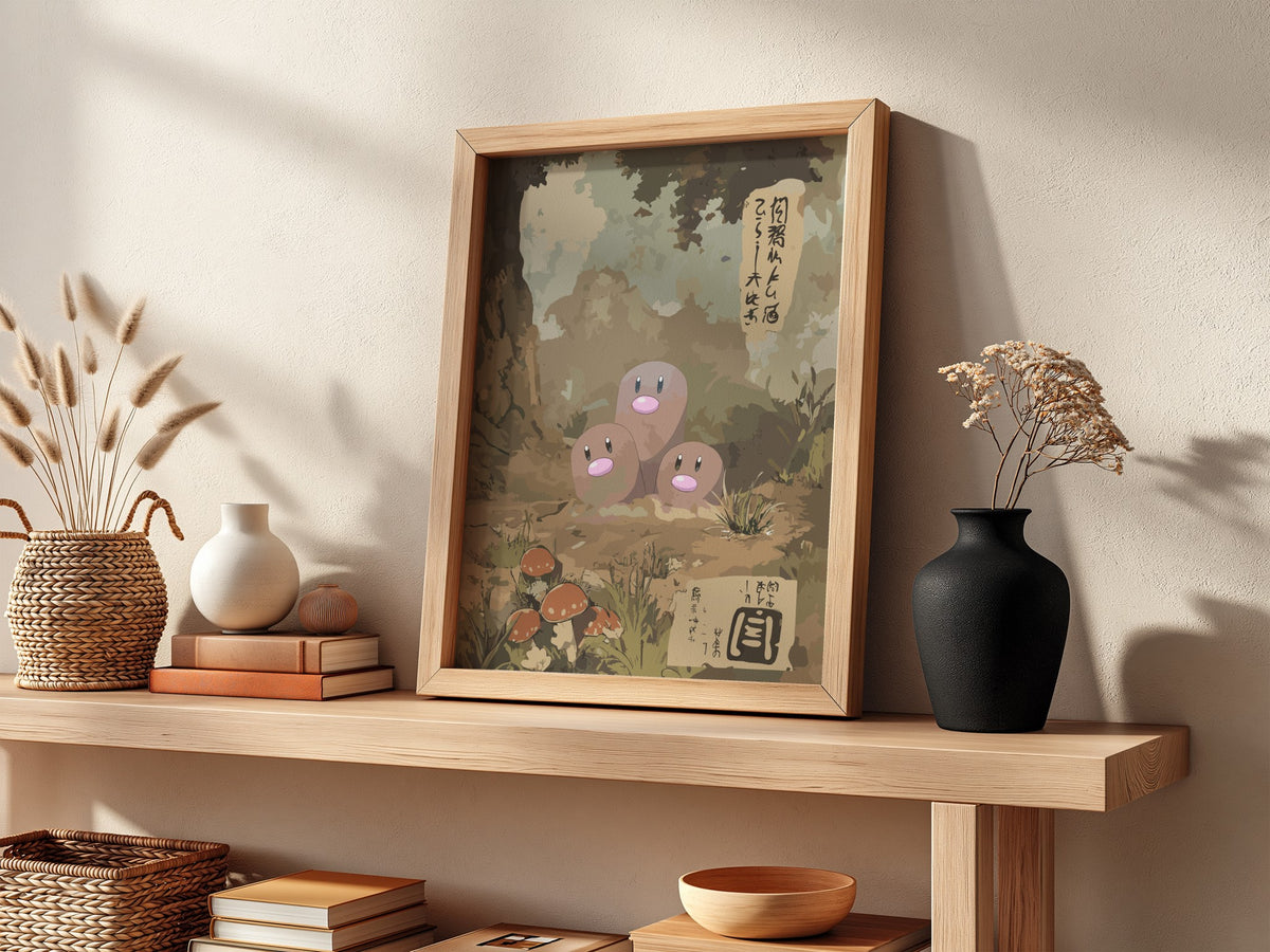 Dugtrio poster with vintage Japanese style earth tones mushrooms and forest background