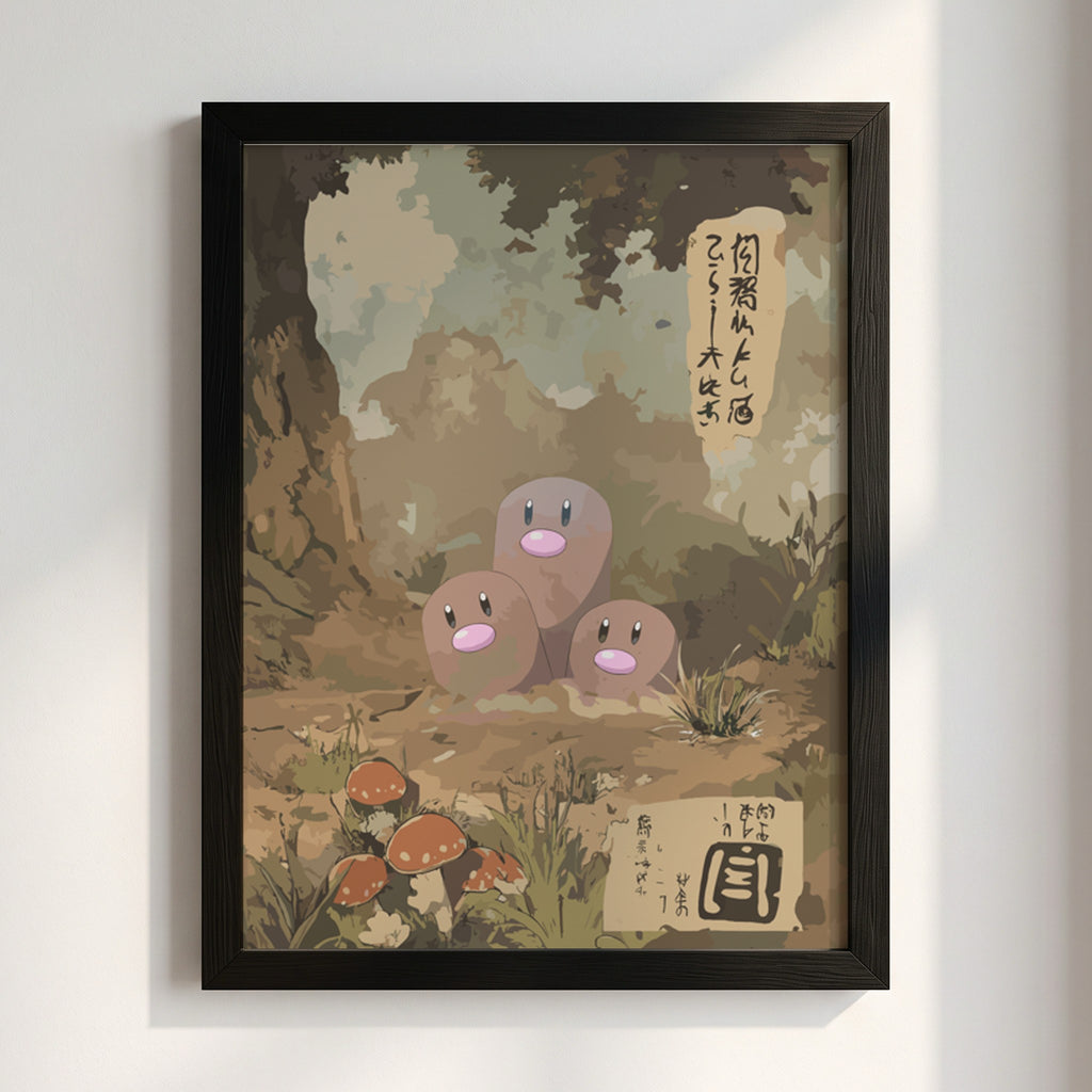 Dugtrio poster with vintage Japanese style earth tones mushrooms and forest background