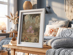 Dugtrio poster with vintage Japanese style earth tones mushrooms and forest background