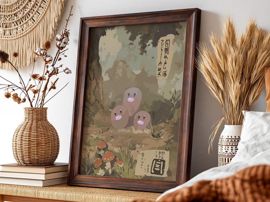 Dugtrio poster with vintage Japanese style earth tones mushrooms and forest background