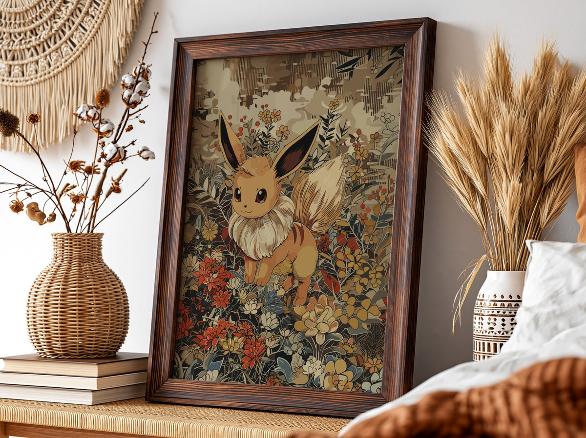 Poster of Eevee 2-1 in vintage style with warm brown tones and detailed botanical background
