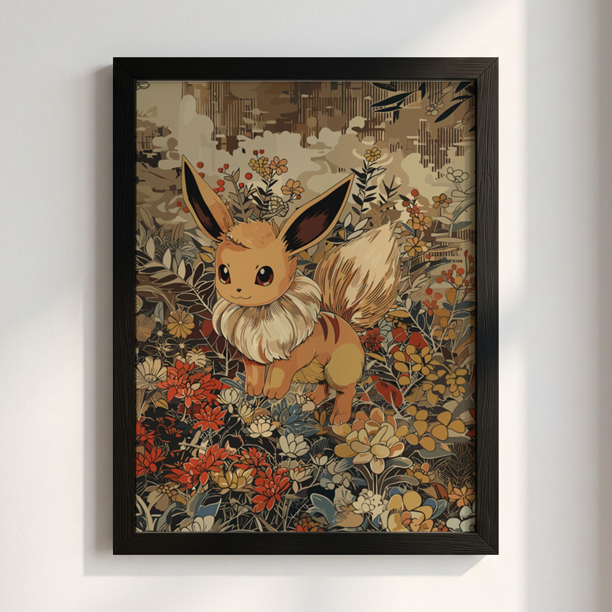 Poster of Eevee 2-1 in vintage style with warm brown tones and detailed botanical background