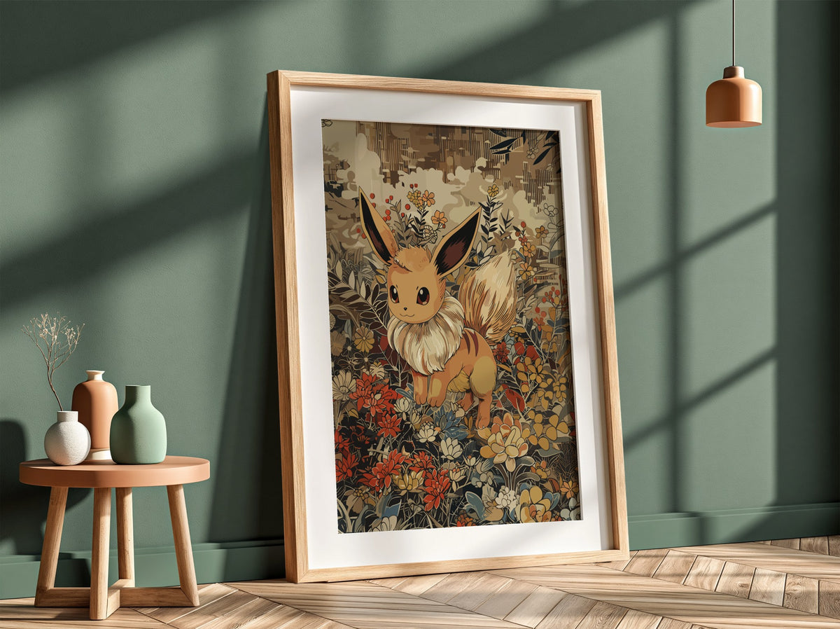 Poster of Eevee 2 Pokémon character with warm brown tones and detailed floral background