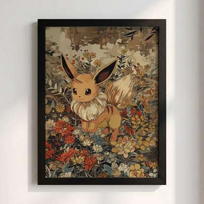 Poster of Eevee 2 Pokémon character with warm brown tones and detailed floral background