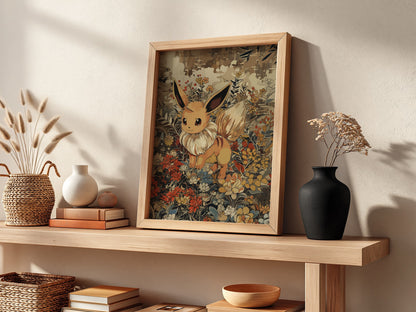 Poster of Eevee 2 Pokémon character with warm brown tones and detailed floral background