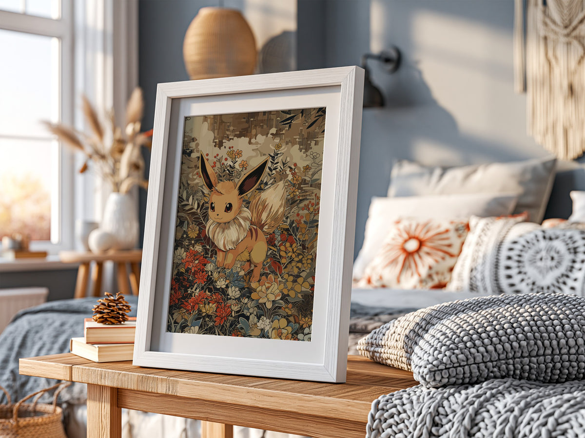 Poster of Eevee 2 Pokémon character with warm brown tones and detailed floral background