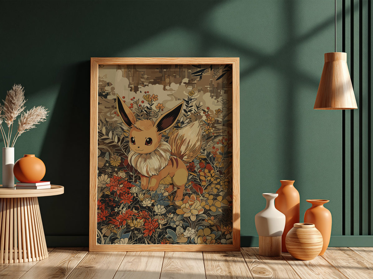 Poster of Eevee 2 Pokémon character with warm brown tones and detailed floral background