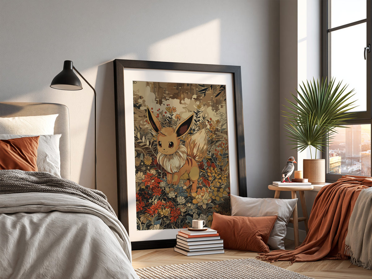 Poster of Eevee 2 Pokémon character with warm brown tones and detailed floral background