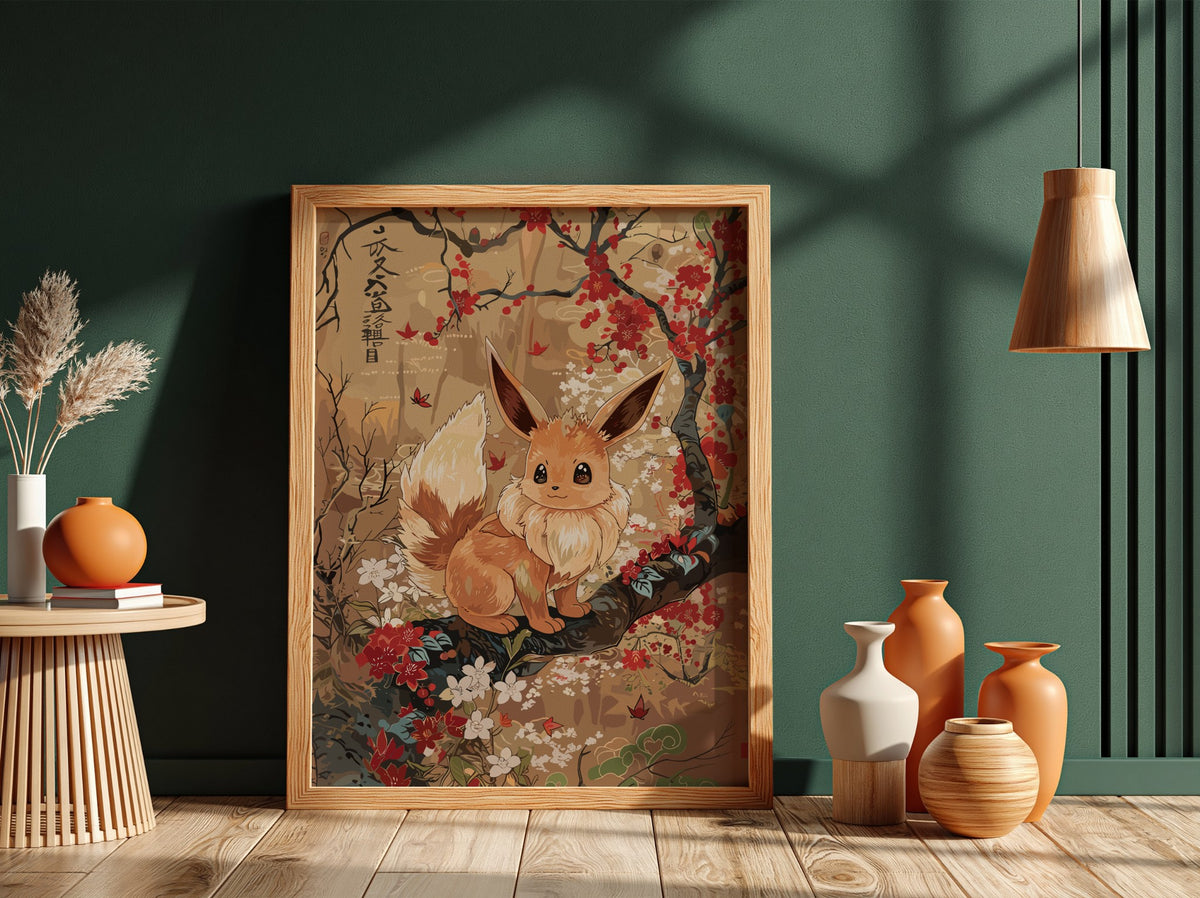 Poster of Eevee sitting on branch with red and white flowers in warm earthy Japanese art style