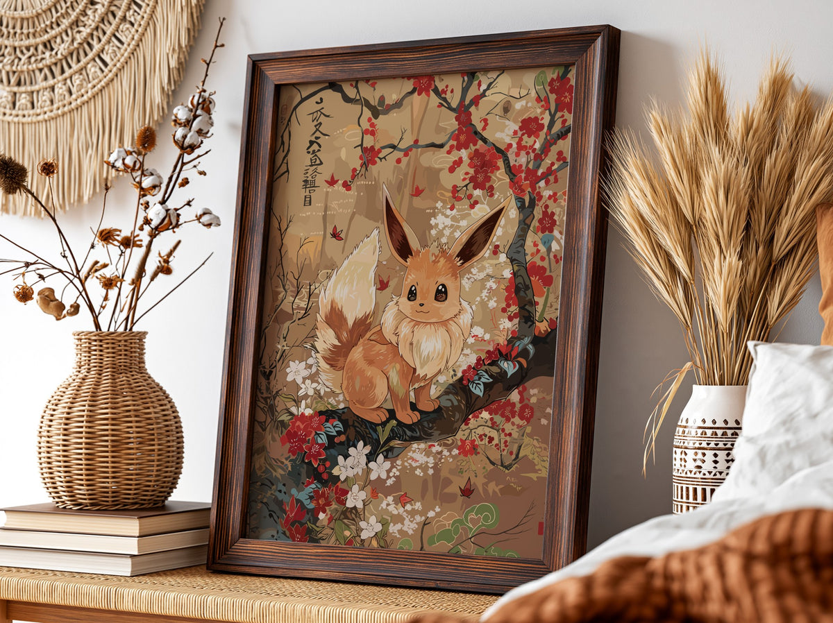 Poster of Eevee sitting on branch with red and white flowers in warm earthy Japanese art style