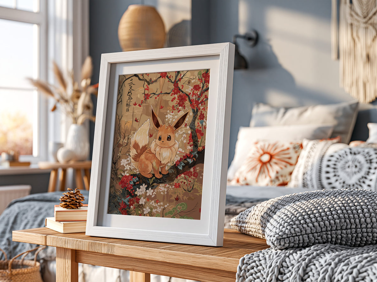 Poster of Eevee sitting on branch with red and white flowers in warm earthy Japanese art style