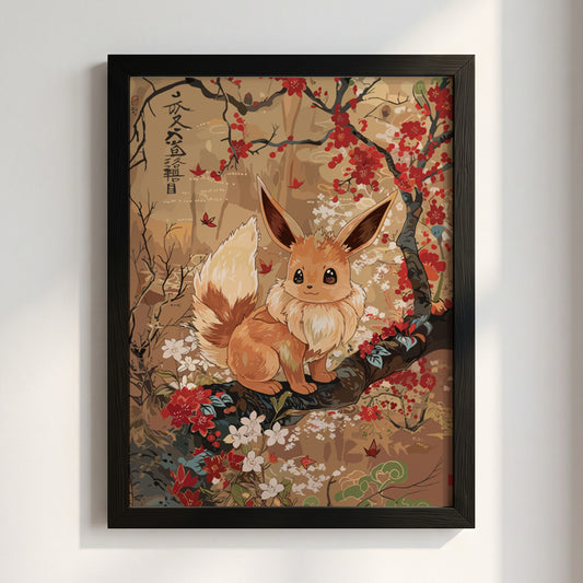 Poster of Eevee sitting on branch with red and white flowers in warm earthy Japanese art style