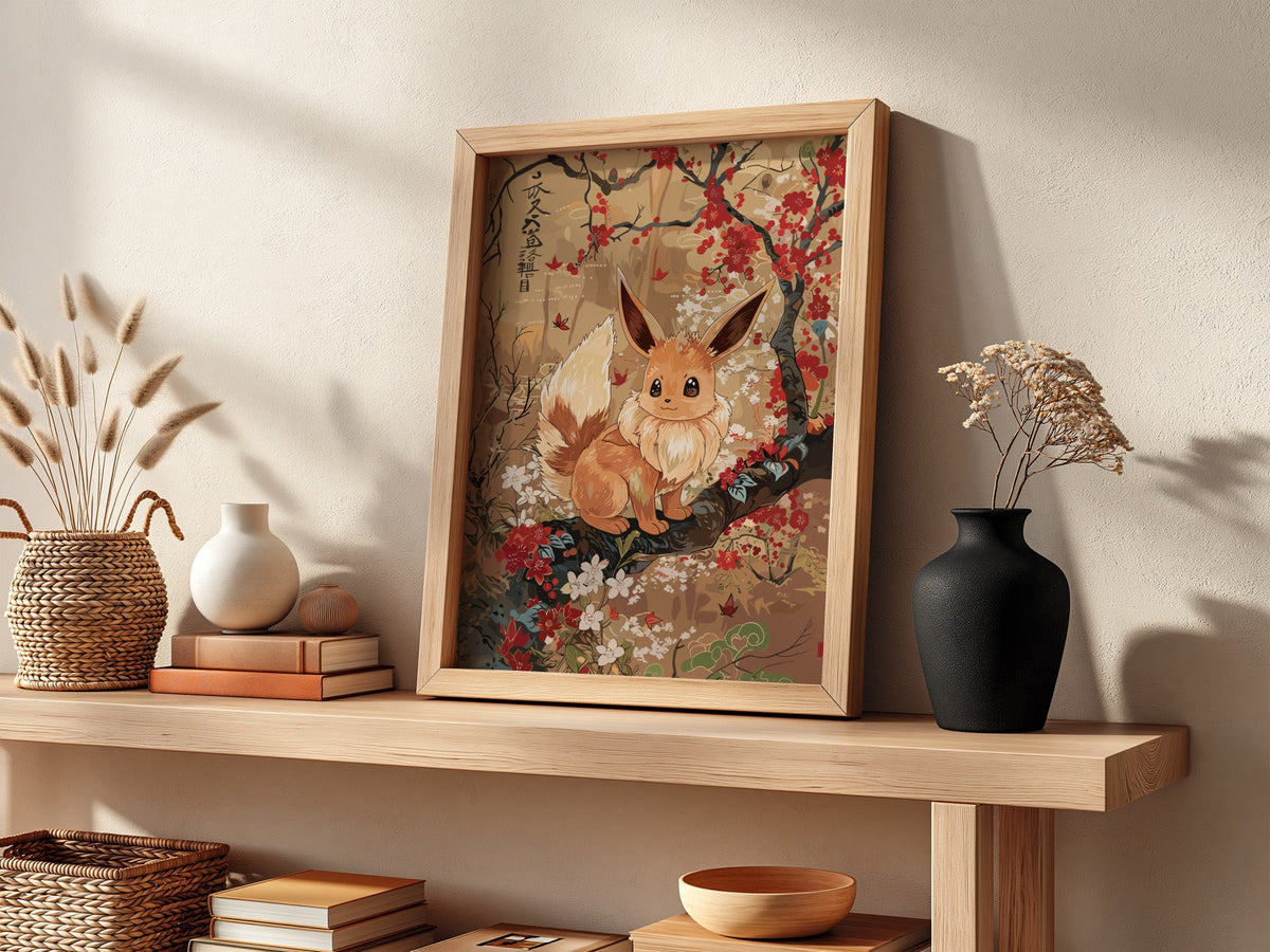 Poster of Eevee sitting on branch with red and white flowers in warm earthy Japanese art style