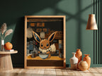 Framed anime wall decor of Eevee eating ramen in warm earth tones with cozy ramen shop background