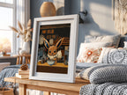 Framed anime wall decor of Eevee eating ramen in warm earth tones with cozy ramen shop background