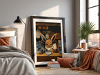Framed anime wall decor of Eevee eating ramen in warm earth tones with cozy ramen shop background