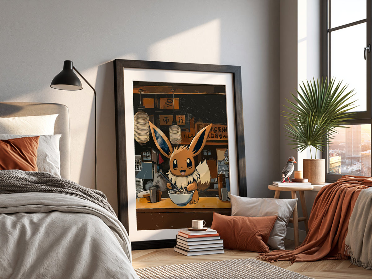 Framed anime wall decor of Eevee eating ramen in warm earth tones with cozy ramen shop background