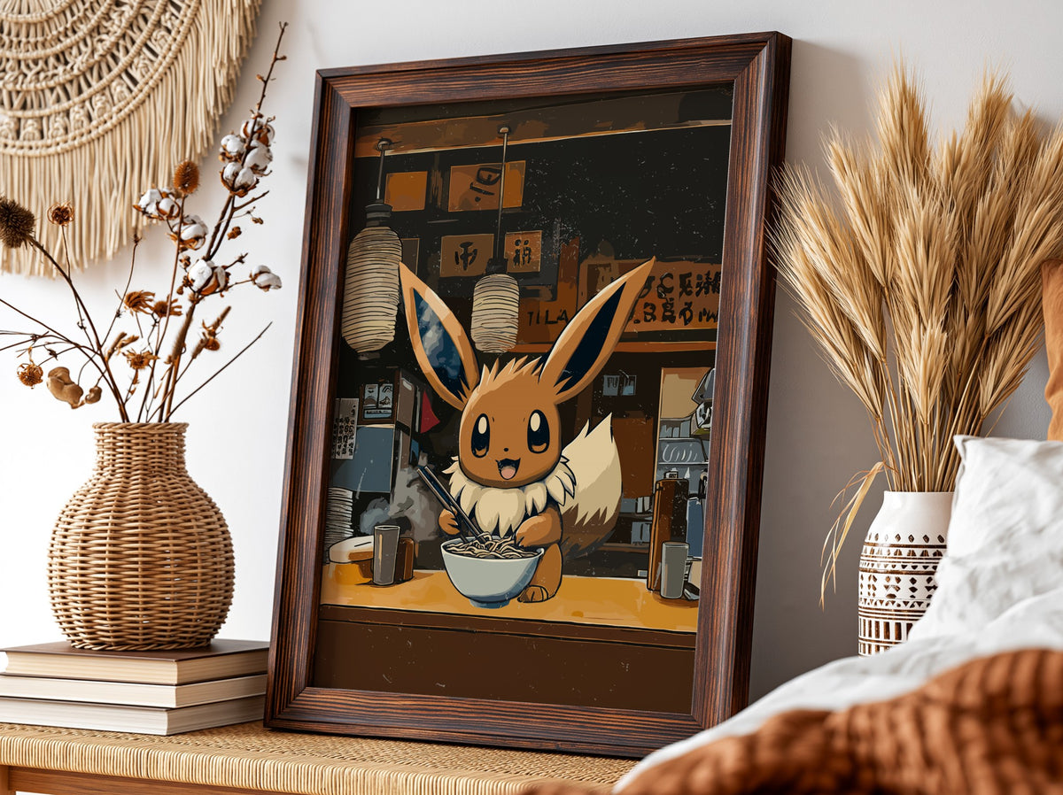 Framed anime wall decor of Eevee eating ramen in warm earth tones with cozy ramen shop background