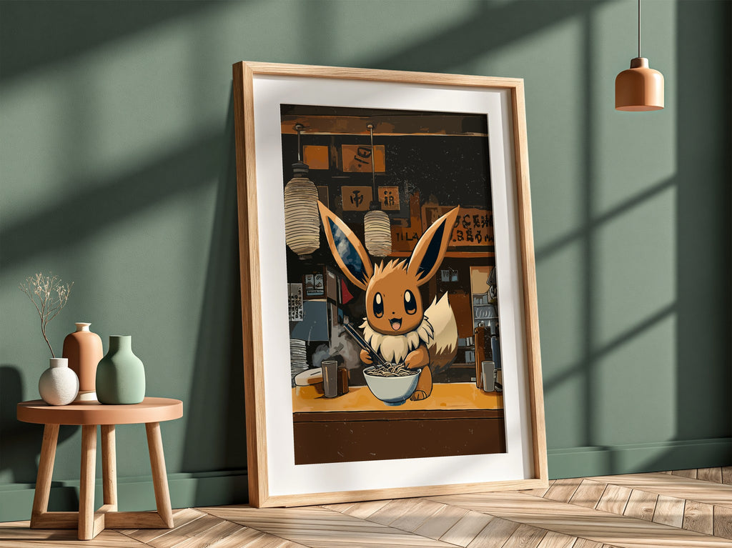 Framed anime wall decor of Eevee eating ramen in warm earth tones with cozy ramen shop background