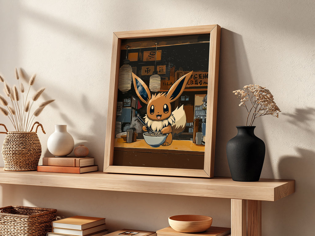 Framed anime wall decor of Eevee eating ramen in warm earth tones with cozy ramen shop background