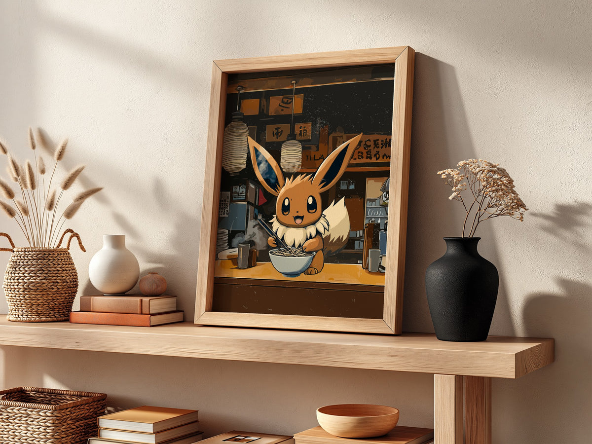 Framed anime wall decor of Eevee eating ramen in warm earth tones with cozy ramen shop background