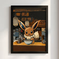 Framed anime wall decor of Eevee eating ramen in warm earth tones with cozy ramen shop background