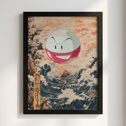 Poster of Electrode character floating above stylized Japanese ocean wave with peach sky and navy water