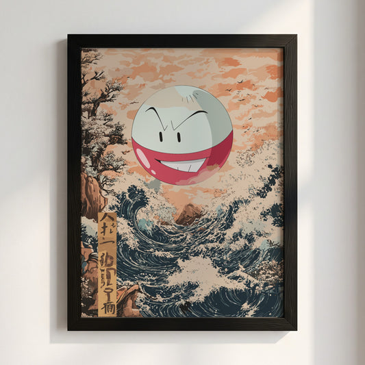 Poster of Electrode character floating above stylized Japanese ocean wave with peach sky and navy water
