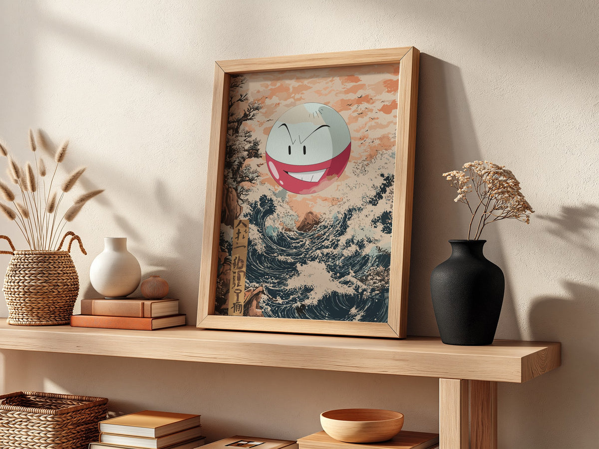 Poster of Electrode character floating above stylized Japanese ocean wave with peach sky and navy water