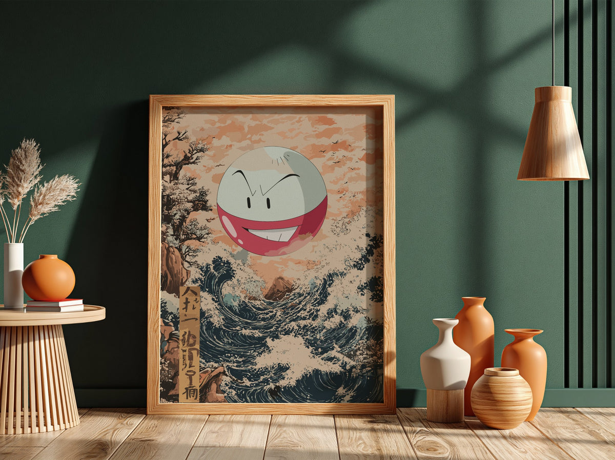 Poster of Electrode character floating above stylized Japanese ocean wave with peach sky and navy water