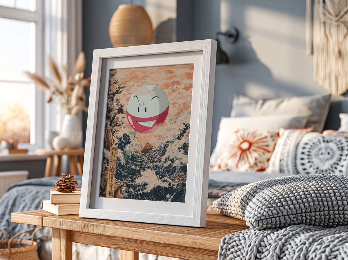 Poster of Electrode character floating above stylized Japanese ocean wave with peach sky and navy water