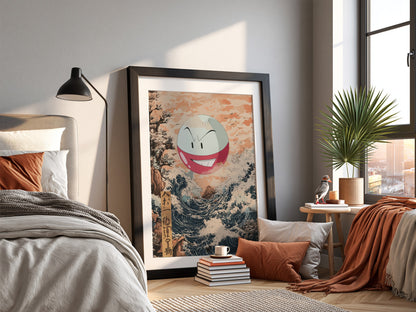 Poster of Electrode character floating above stylized Japanese ocean wave with peach sky and navy water