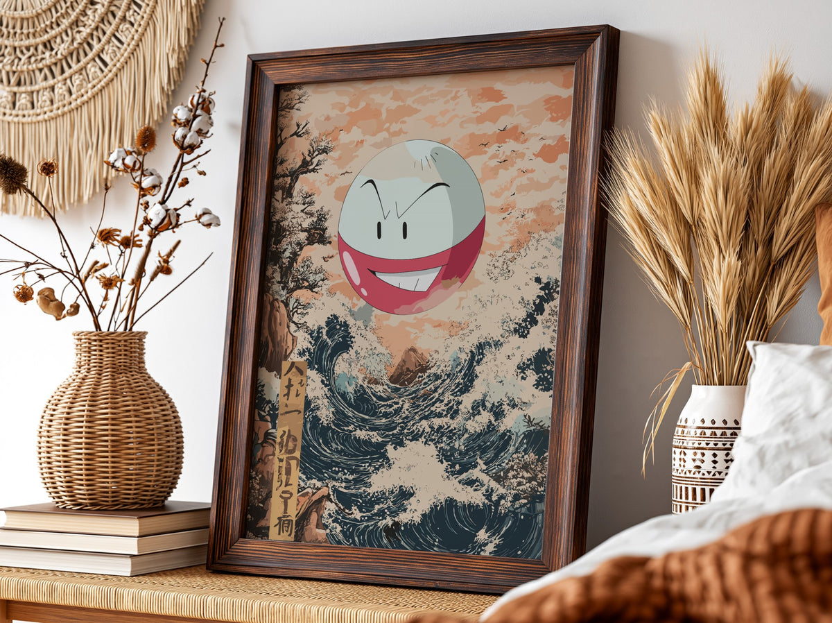 Poster of Electrode character floating above stylized Japanese ocean wave with peach sky and navy water