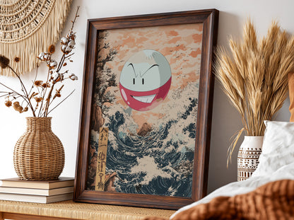 Poster of Electrode character floating above stylized Japanese ocean wave with peach sky and navy water