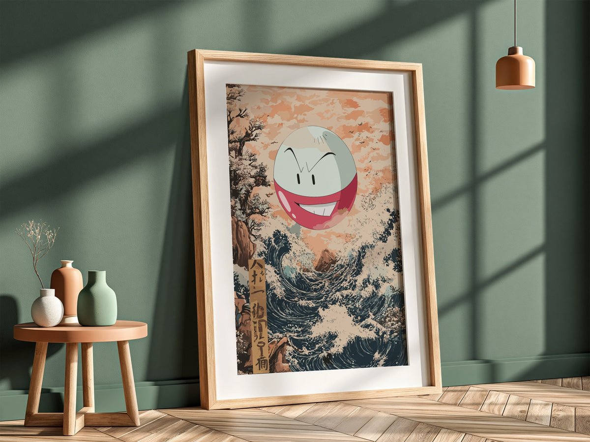 Poster of Electrode character floating above stylized Japanese ocean wave with peach sky and navy water