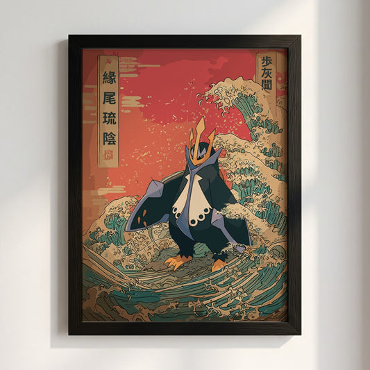 Pokemon poster featuring Empoleon with traditional Japanese wave art in blue green and red tones
