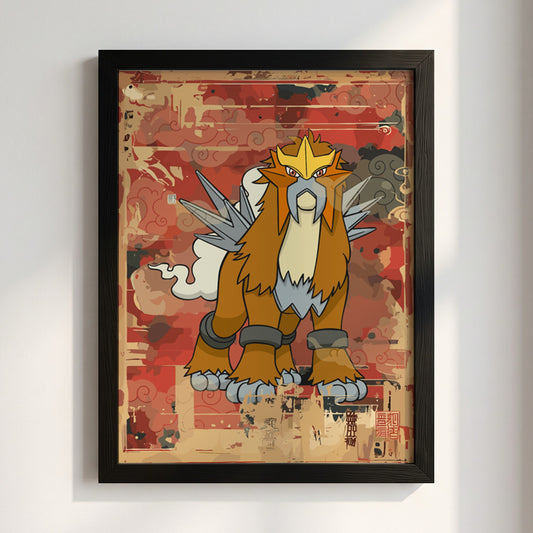 Poster of Entei Pokémon with fiery red and brown background in bold cartoon illustration style