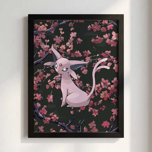 Poster of Espeon Pokémon in soft purple with pink cherry blossoms on dark background
