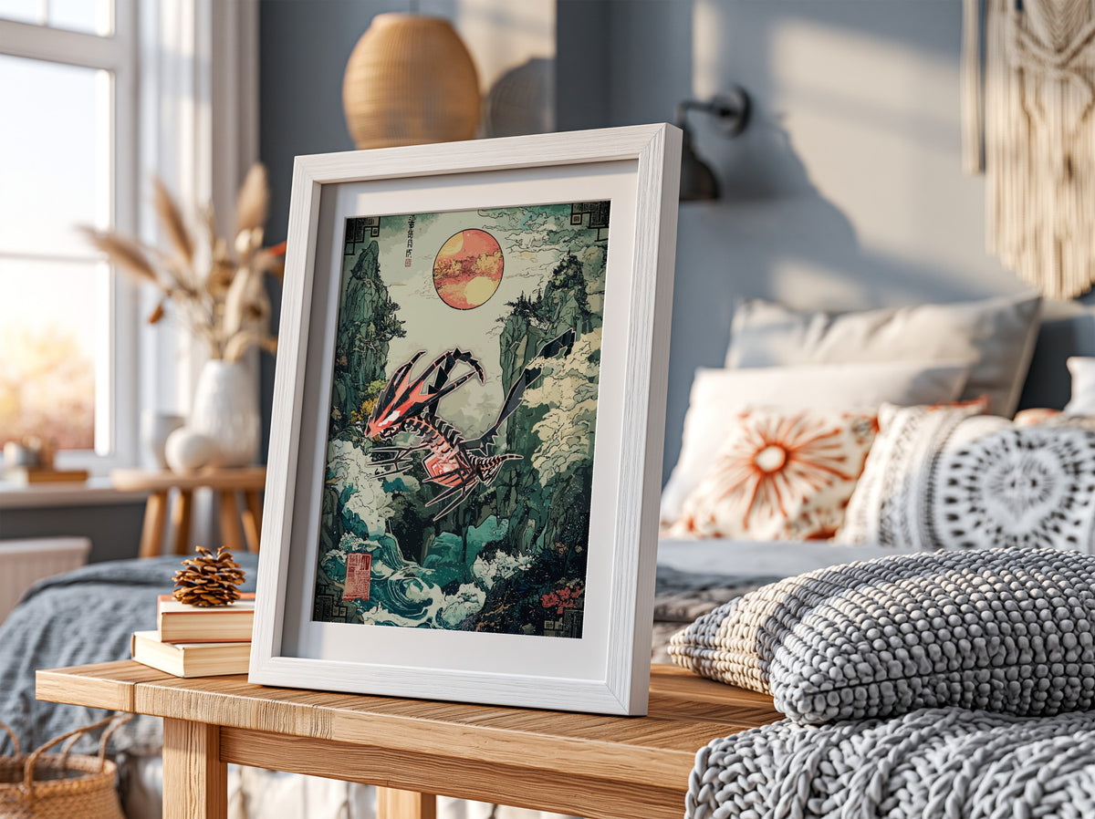 Poster featuring Eternatus in Japanese ukiyo-e style with red sun, misty cliffs, swirling clouds, and bold