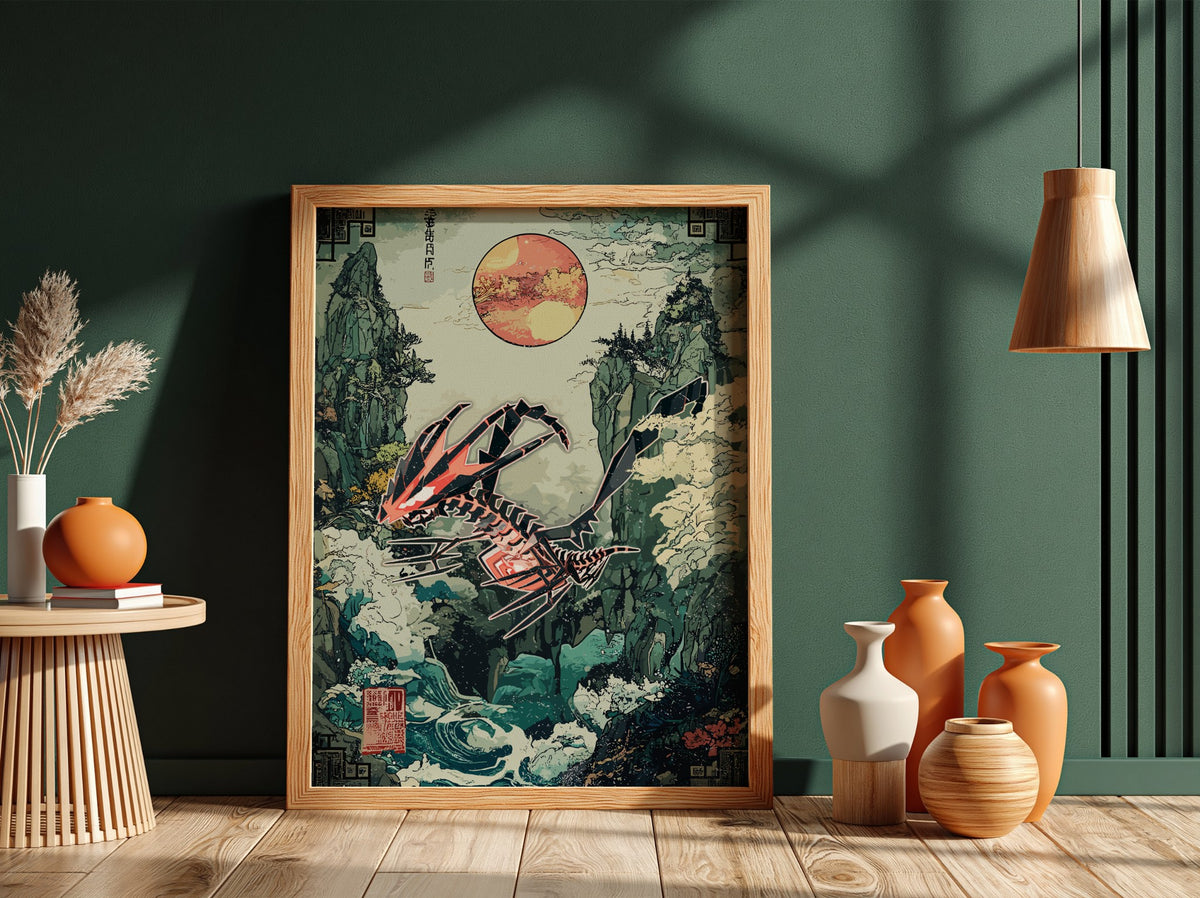 Poster featuring Eternatus in Japanese ukiyo-e style with red sun, misty cliffs, swirling clouds, and bold